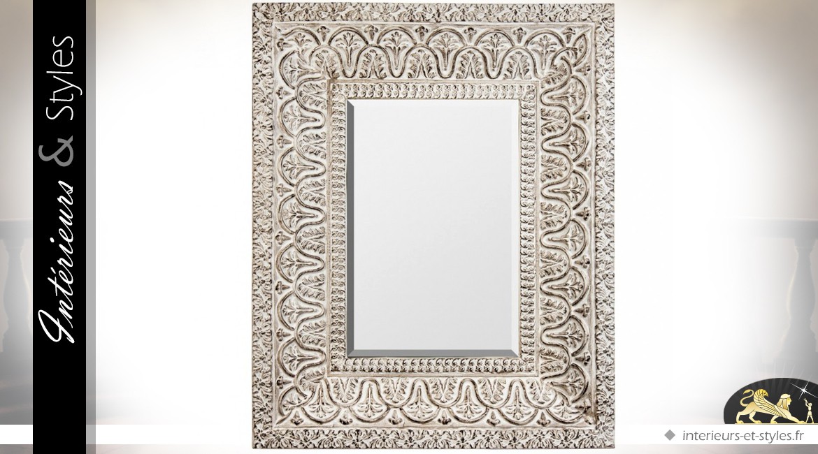 Grand miroir rectangulaire de style oriental blanc antique 150 cm