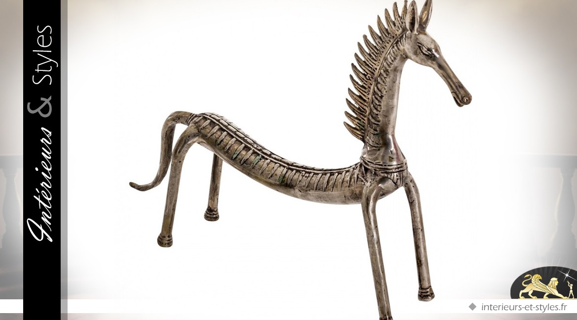 Statuette en laiton argenté vieilli cheval stylisé 36 cm