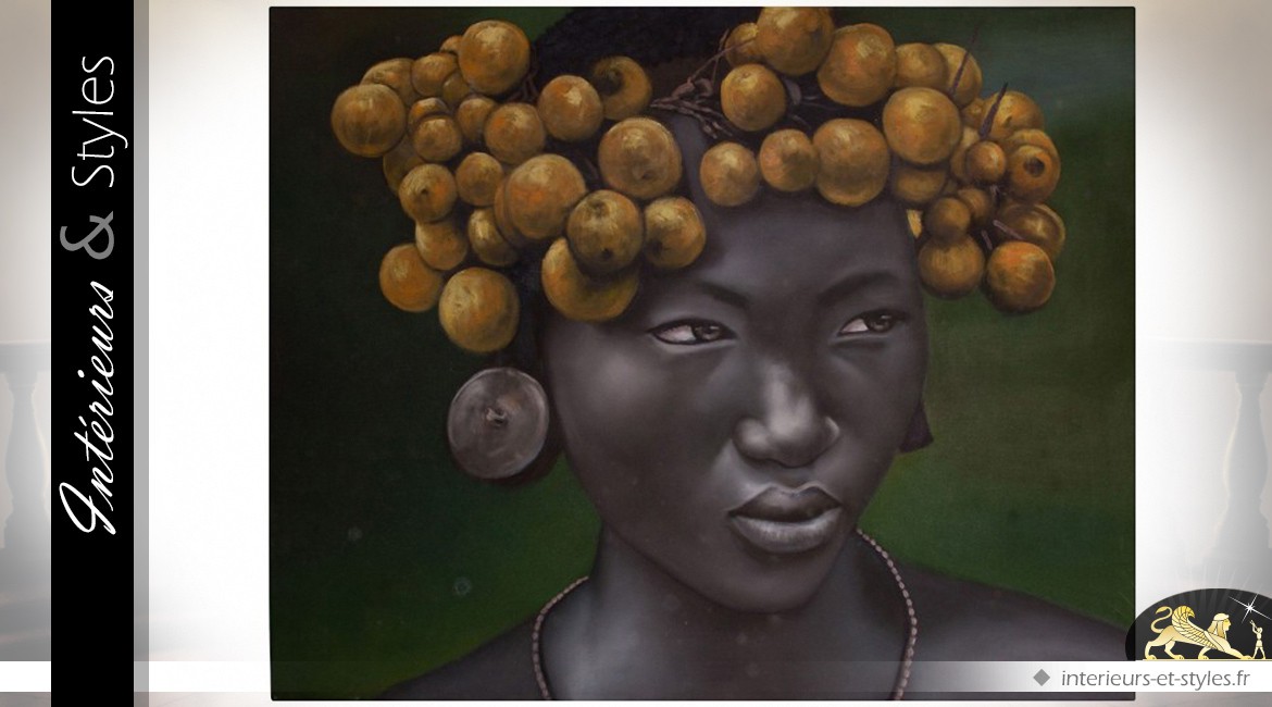 Tableau sur toile jeune africaine avec couronne de fruits 150 cm