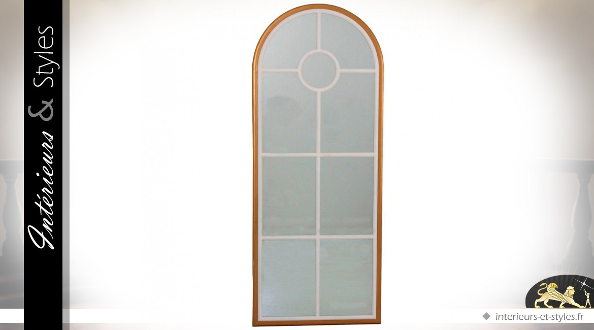 Miroir à carreaux en arcade patine blanche et dorée 142 cm