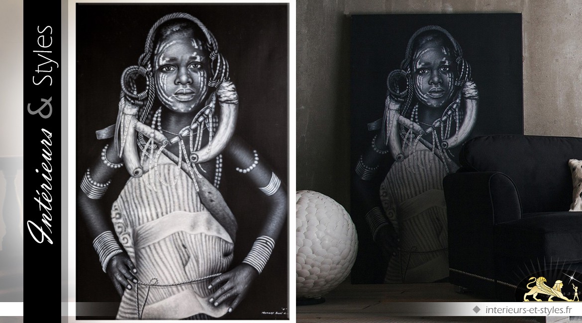 Grand tableau sur toile Femme africaine en noir et blanc 180 cm