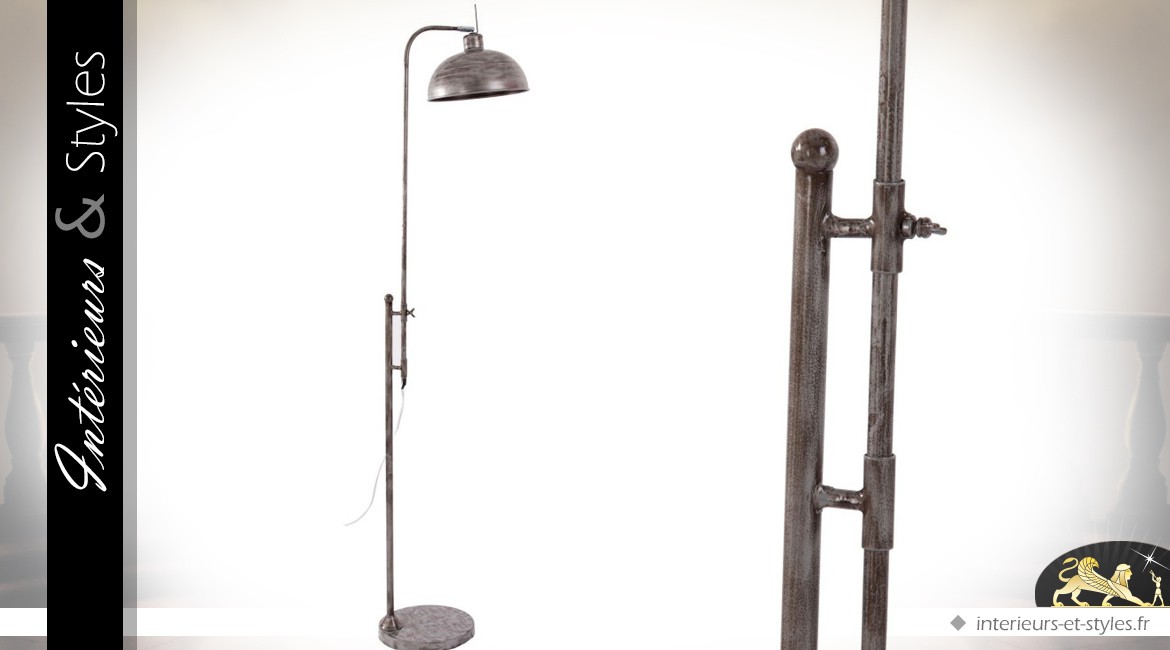Lampadaire industriel ajustable gris acier vieilli 93 à 160 cm