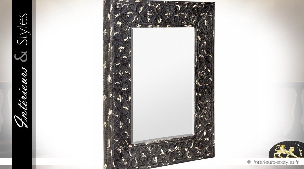 Grand miroir en métal coloris noir aspect vieilli 110 cm