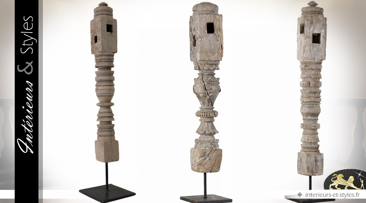 Sculpture colonne ethnique sur bois recyclé 60 cm