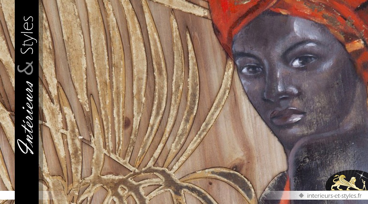 Tableau peint sur bois Femme africaine 122 cm