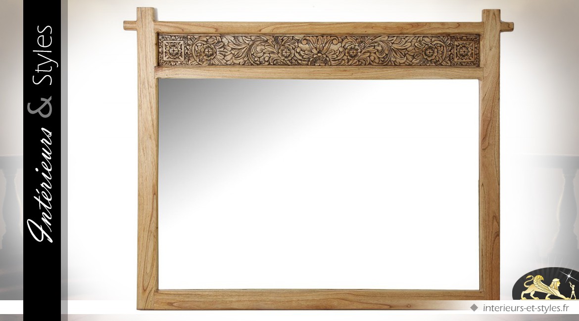 Grand miroir en mindi naturel avec panneau sculpté 155 cm