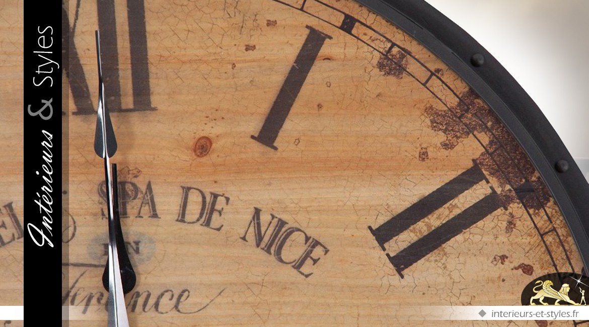 Grande horloge ronde en bois de sapin de style rétro Ø 80 cm