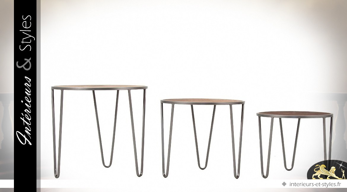 Série de 3 tables basses rondes design en bois et métal