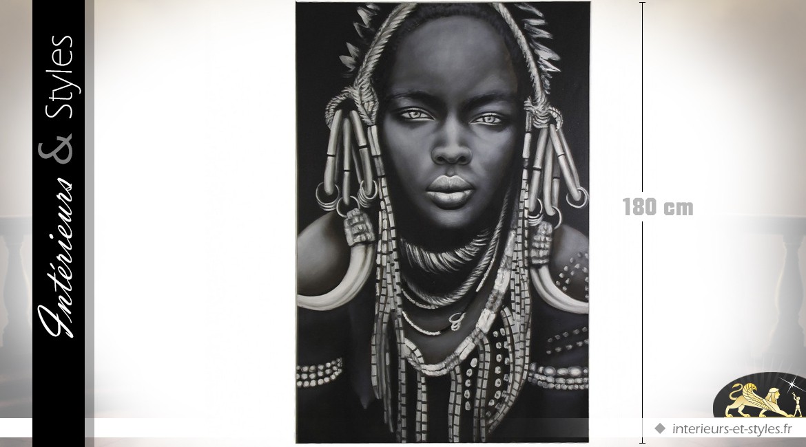 Grand tableau noir et blanc : Africain avec colliers traditionnels 180 cm