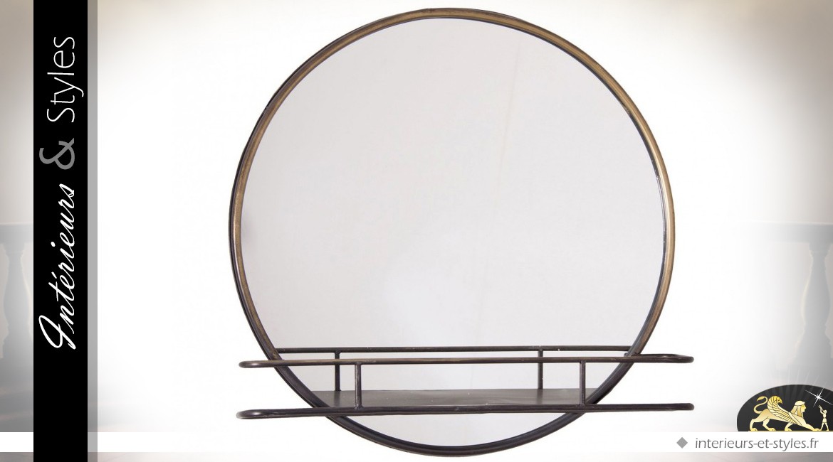 Miroir rond avec étagère de style industriel Ø 62 cm