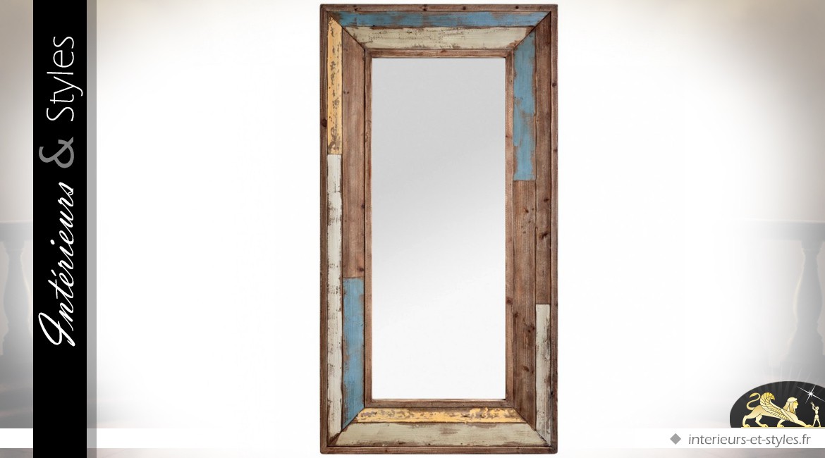 Grand miroir rectangulaire patine multicolore aspect brocante 155 cm