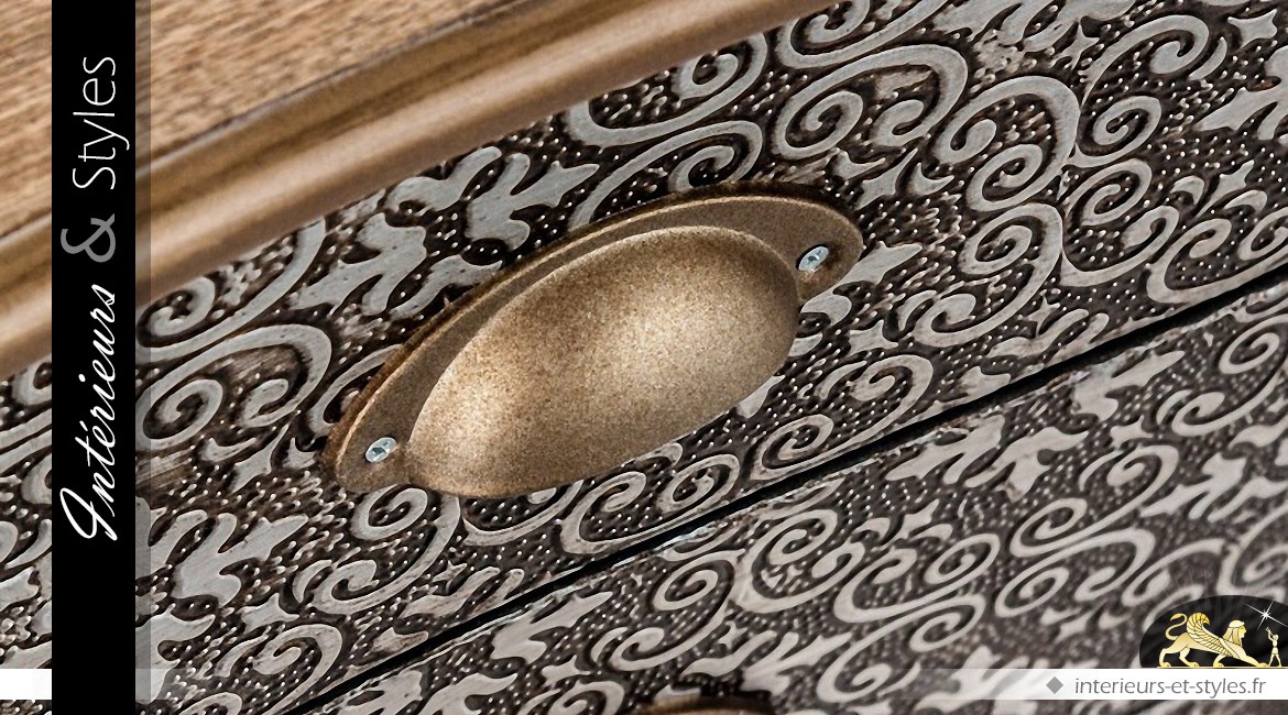 Commode marocaine 3 tiroirs bois ciré et métal noir et argent