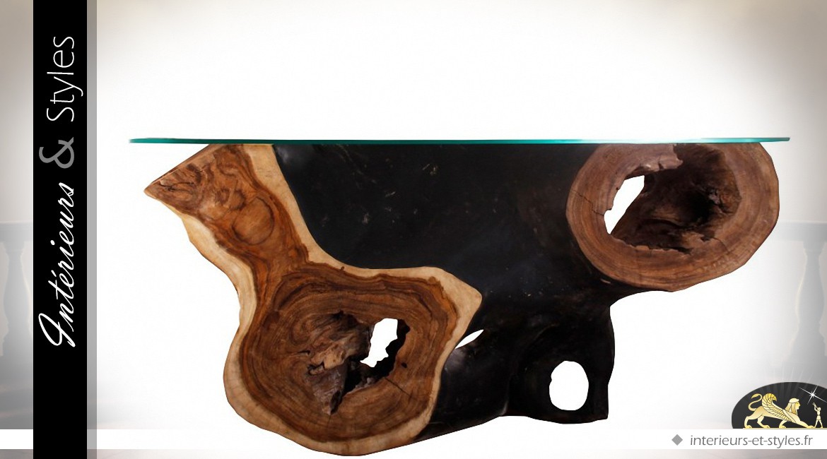 Console en bois de suar massif avec plateau en verre trempé