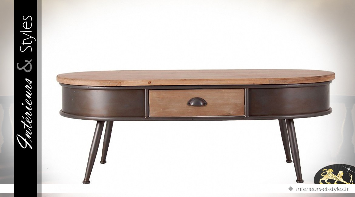 Table basse ovale vintage en bois et métal