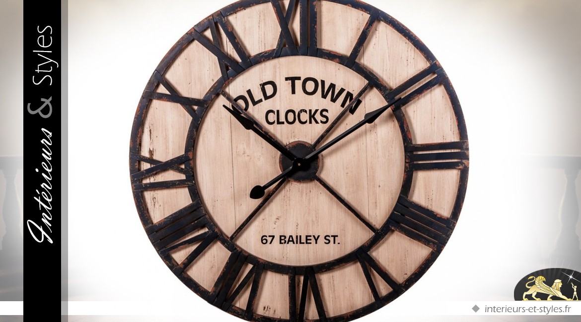 Horloge géante en bois et métal style fer forgé noir Ø 91 cm