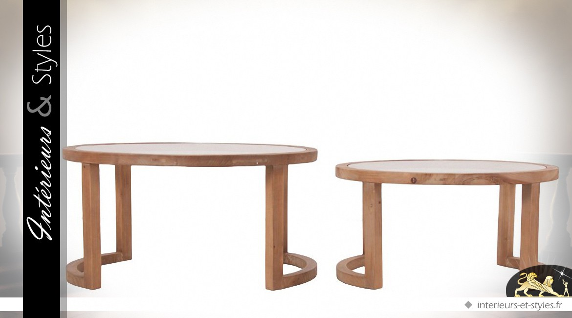 Duo de tables basses rondes design en bois de sapin et verre