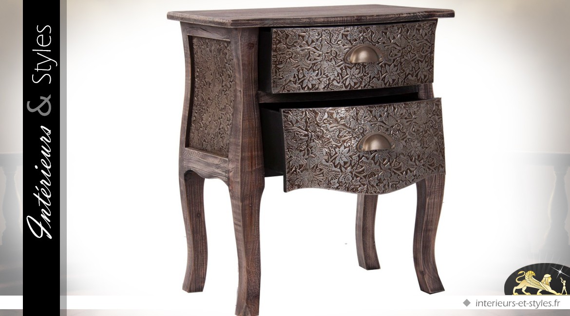 Table de chevet bois et métal  style marocain 2 tiroirs