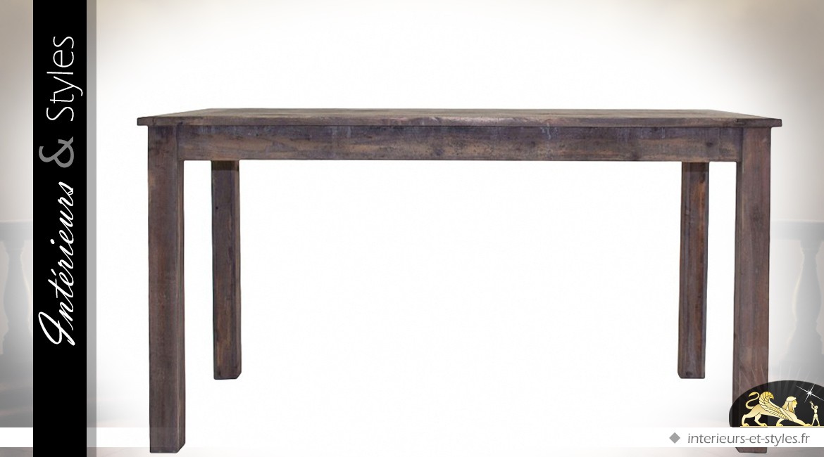 Table de salle à manger rustique aspect bois noirci et vieilli 140 cm
