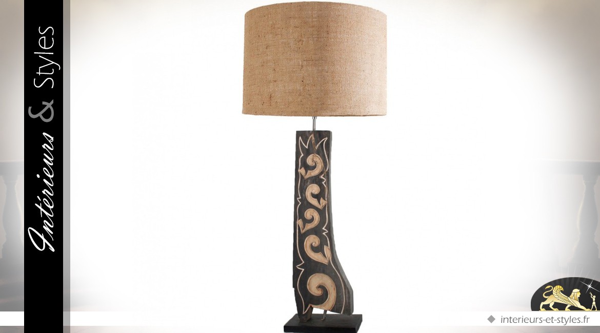 Lampe de salon pied en manguier abat-jour en jute naturel 105 cm