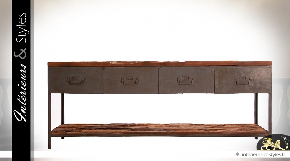 Grande console de style indus et rustique en bois et métal 182 cm