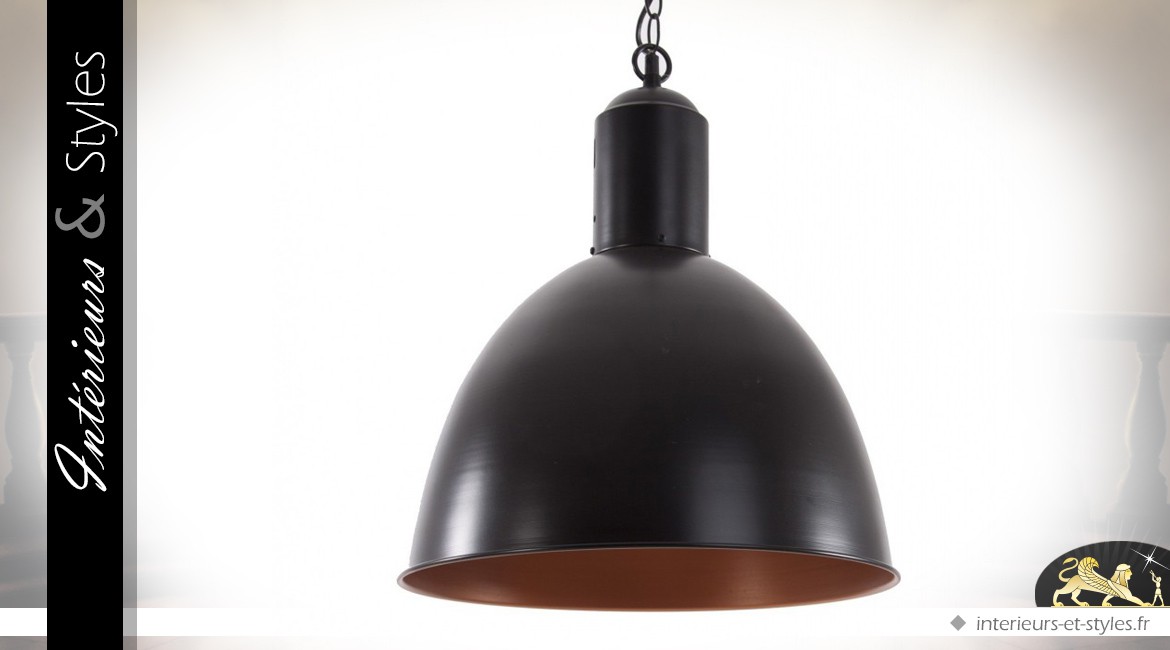 Grande suspension de style industriel noir et cuivre Ø 40 cm