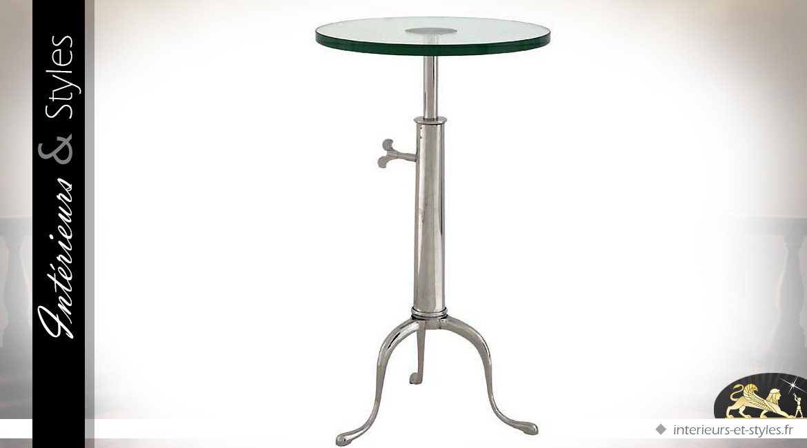 Table de bar ronde en verre et métal nickel argenté 76 cm