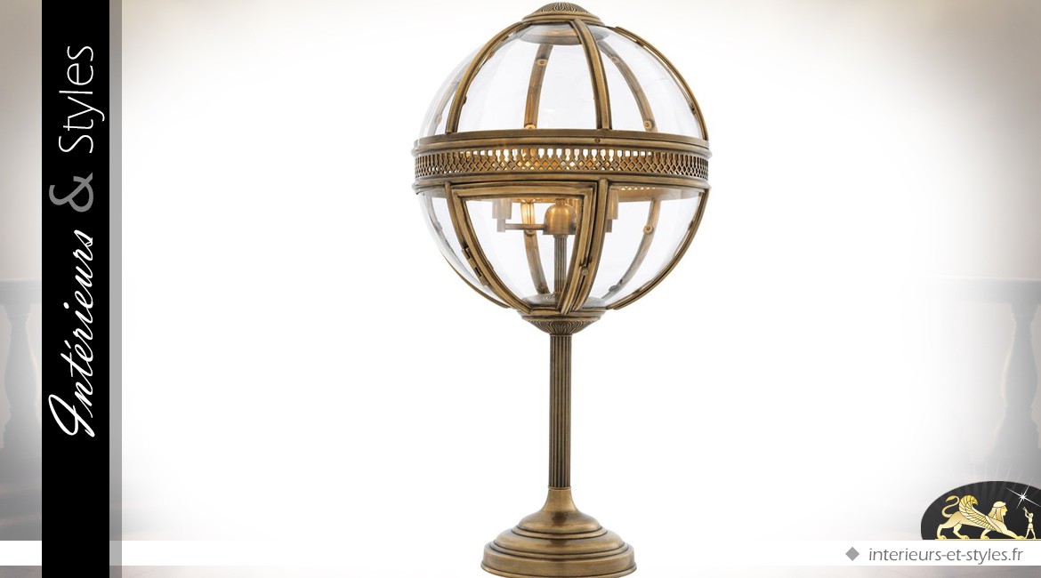 Luxueuse lampe sphérique en laiton doré ancien 82 cm