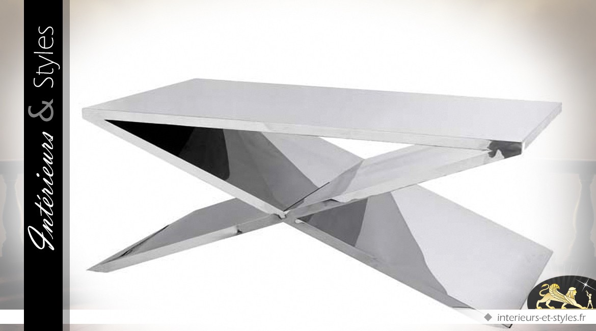 Table basse design en acier inoxydable poli et verre trempé