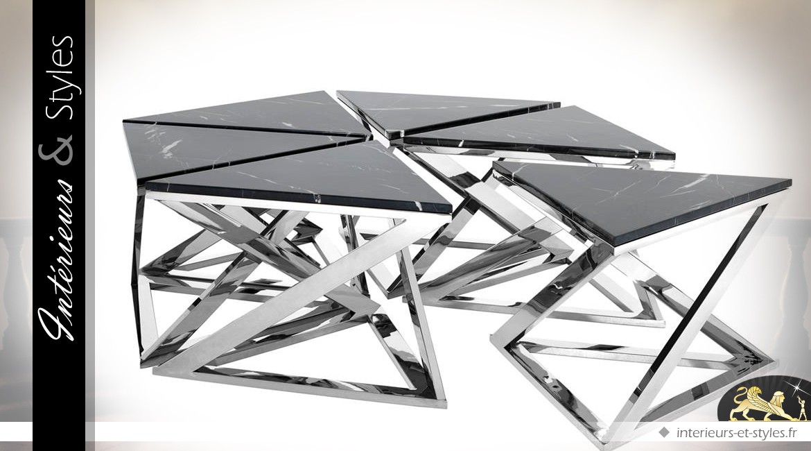 Table basse design hexagonale marbre et métal chromé Ø 141 cm