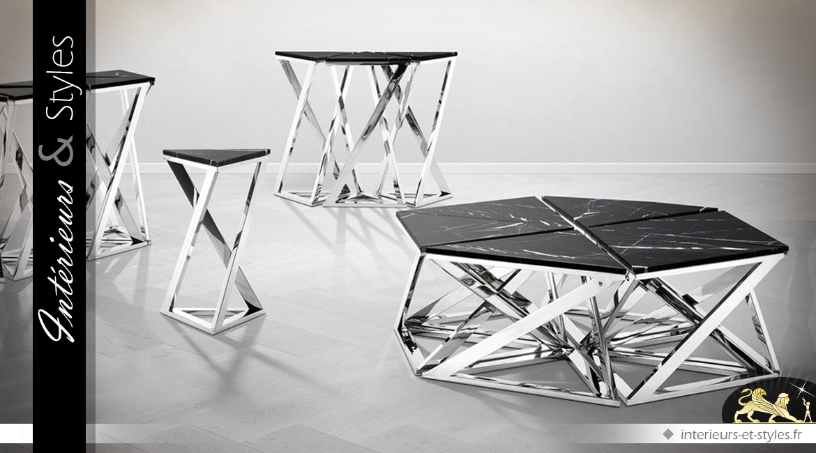 Table basse design hexagonale marbre et métal chromé Ø 141 cm