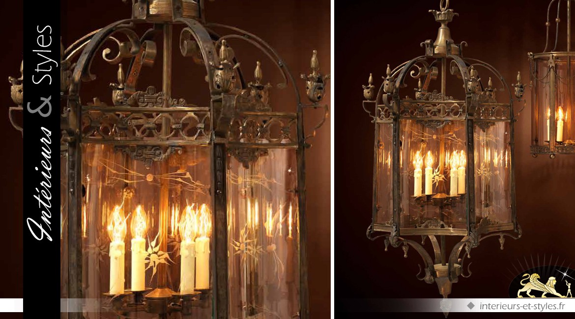 Lanterne suspendue en laiton doré style Renaissance 120 cm