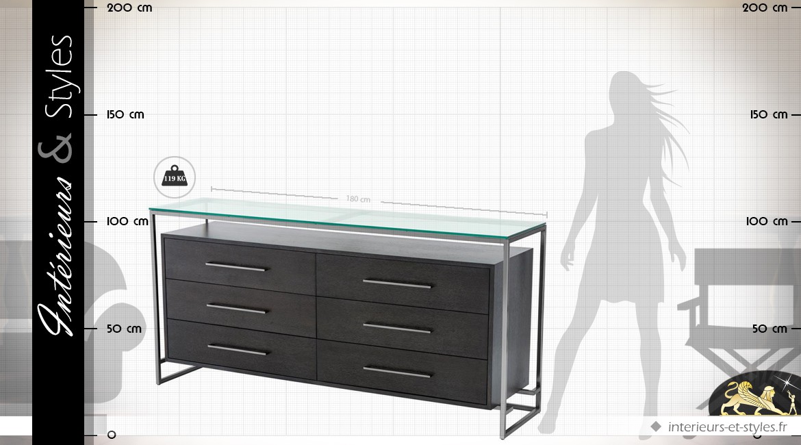 Commode design à 6 tiroirs avec plateau en verre trempé