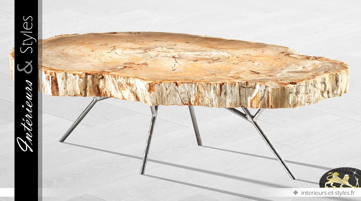 Table basse ovale en bois pétrifié et métal argenté