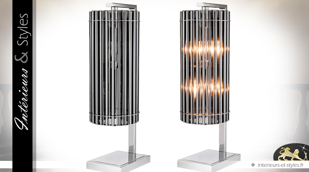 Lampe design cylindrique nickel argenté et verre 66 cm