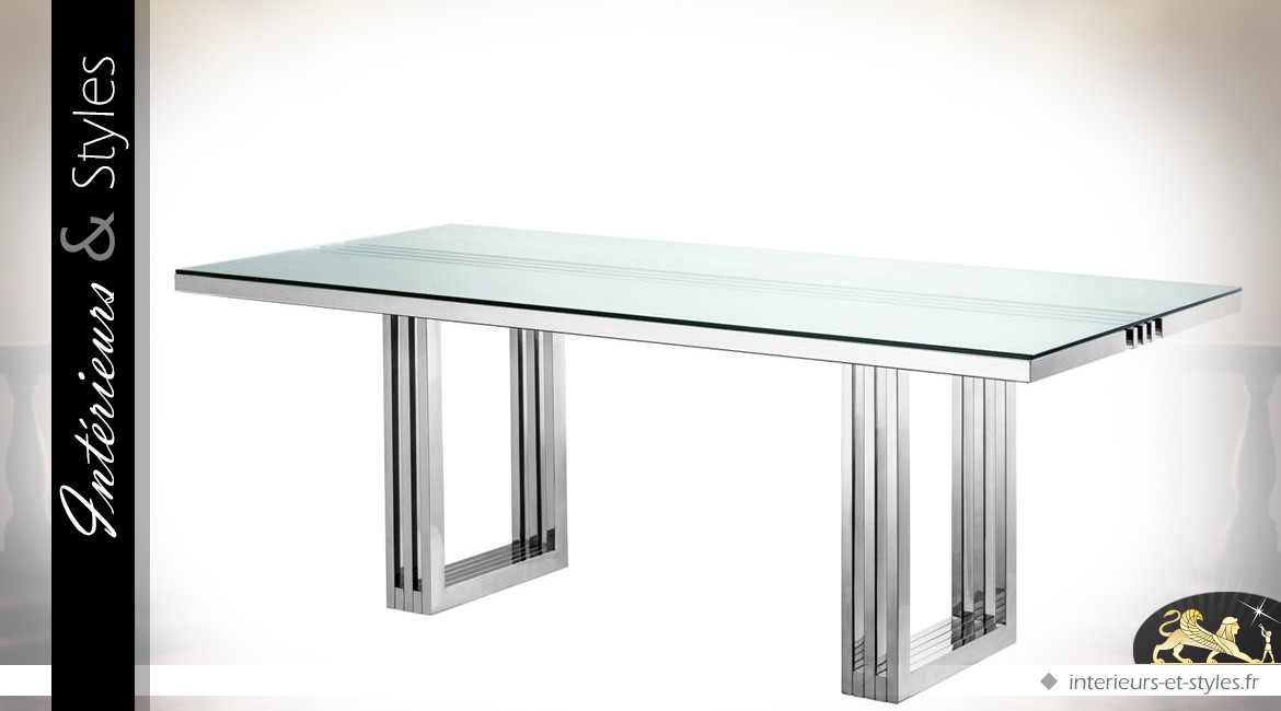 Table en acier inoxydable chromé et verre trempé 210 cm