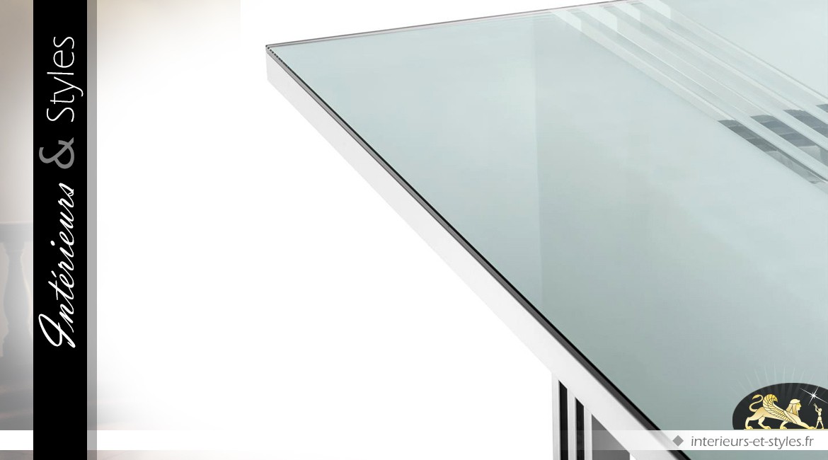 Table en acier inoxydable chromé et verre trempé 210 cm