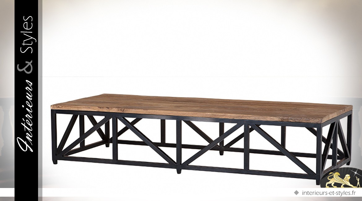 Table basse industrielle bois vieilli et métal finition zinc ancien