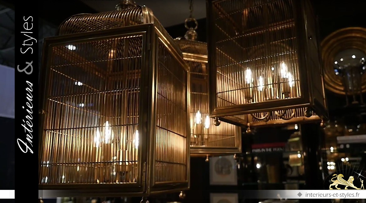 Suspension design cage à oiseaux nickel doré 81 cm