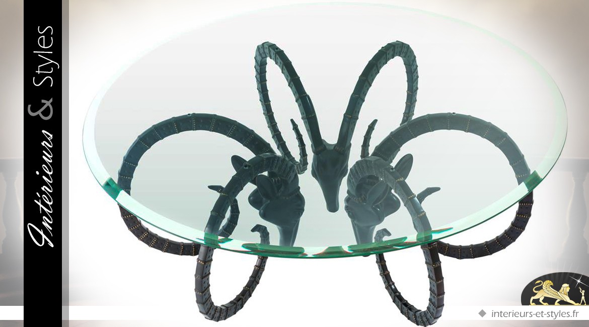 Table basse ronde originale finition bronze antique et verre trempé