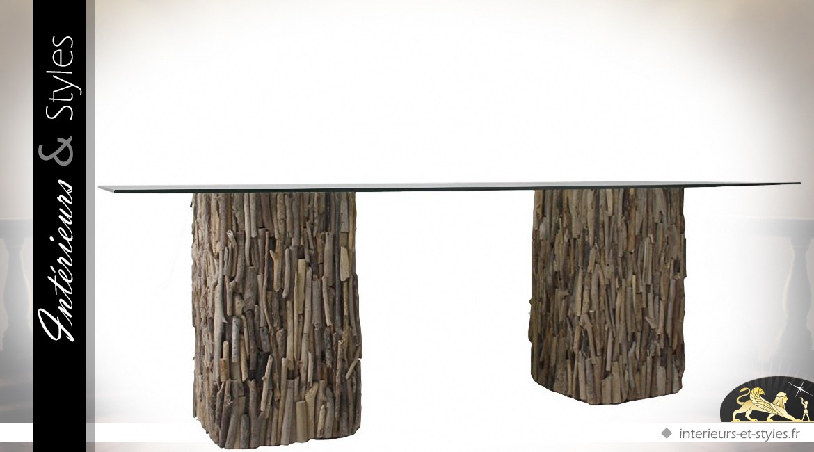 Table en bois flotté style exotique plateau verre 220 cm