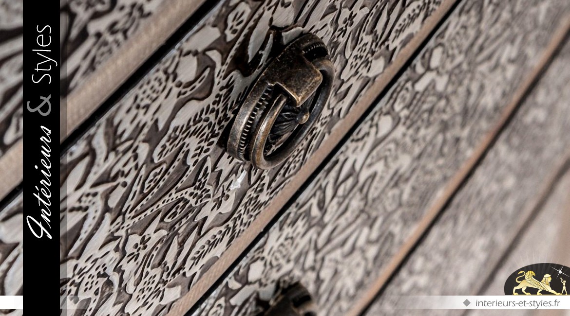 Chiffonnier 6 tiroirs style marocain bois naturel noir et argent