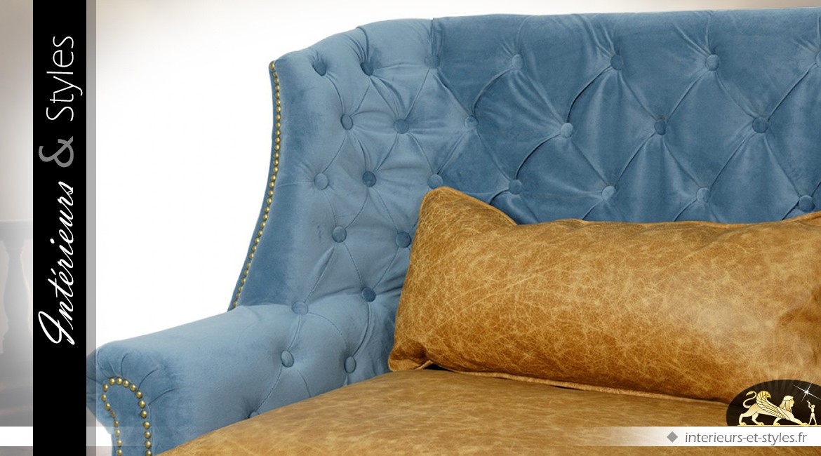 Canapé de style rétro bleu horizon et cuir havane