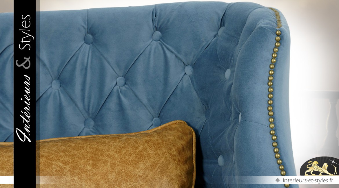 Canapé de style rétro bleu horizon et cuir havane