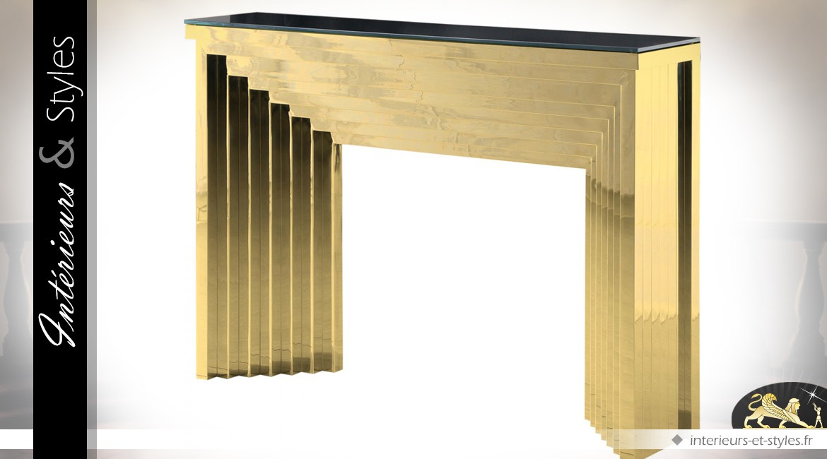 Console design inox poli doré et plateau en verre