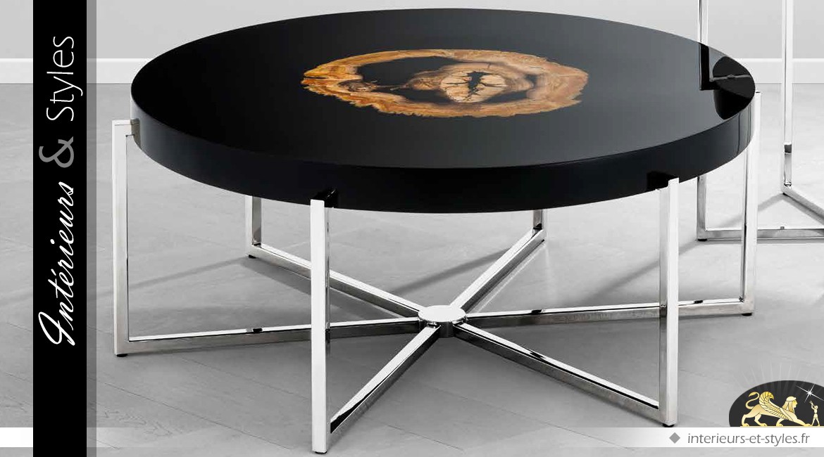 Table basse ronde nickel argenté, noir brillant et bois pétrifié