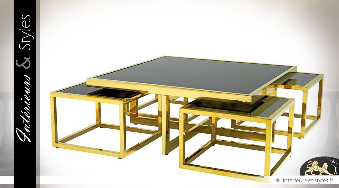 Ensemble de 5 tables basses design métal doré et verre noir