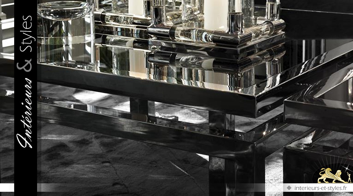 Table basse design carrée métal argenté plateau en verre fumé