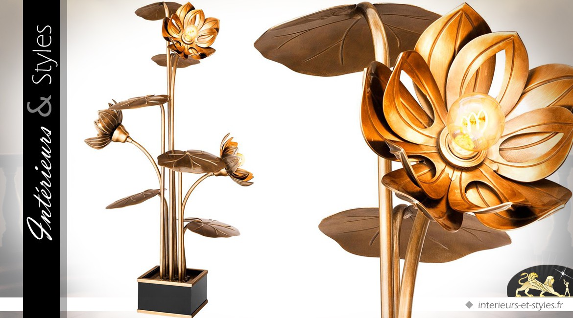 Lampe design laiton doré en forme de grande fleur en pot 110 cm