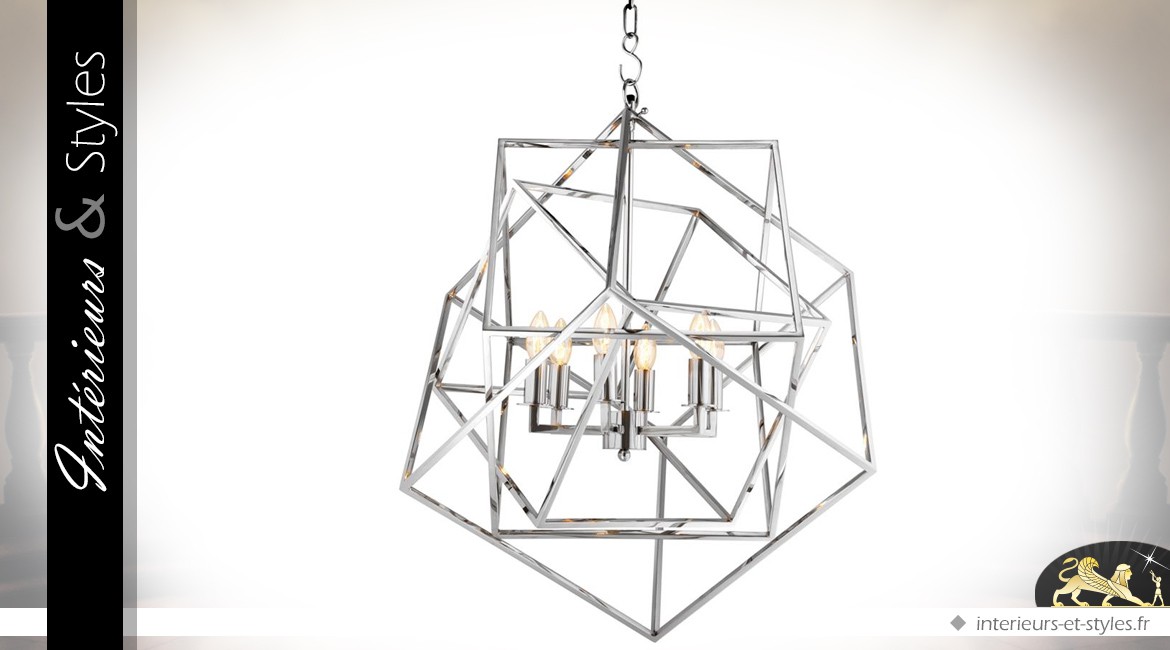 Suspension design cubes concentriques argentés en 3D 78 cm