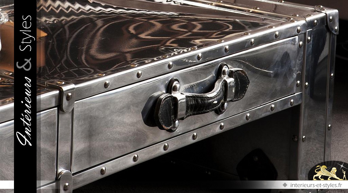 Table basse Aviator en aluminium riveté et cuir noir